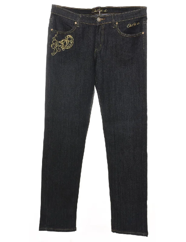 Black Embroidered Y2K Style Jeans - W34 L30 Fashionable Vintage Wash Jeans