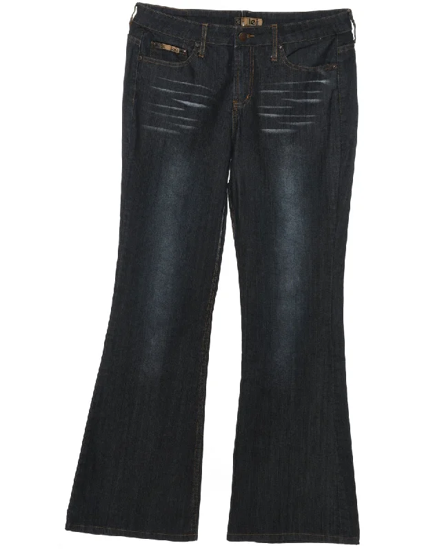 Black Flared Y2K Lei Jeans - W34 L32 Chic Rolled Cuff Denim Jeans