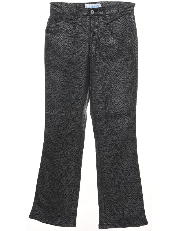 Black Flared Snakeskin Jeans - W28 L30 Trendy Button-Up High-Waist Jeans