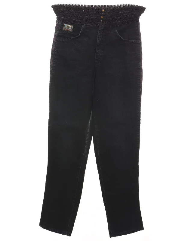 Black & Floral Trim Tapered Black Jeans - W26 L29 Classic Blue Denim Jeans