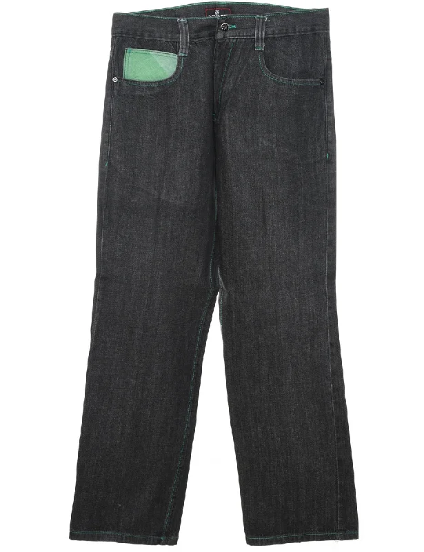 Black & Green Y2K Straight-Fit Embroidered Jeans - W34 L31 Chic Ripped Jeans