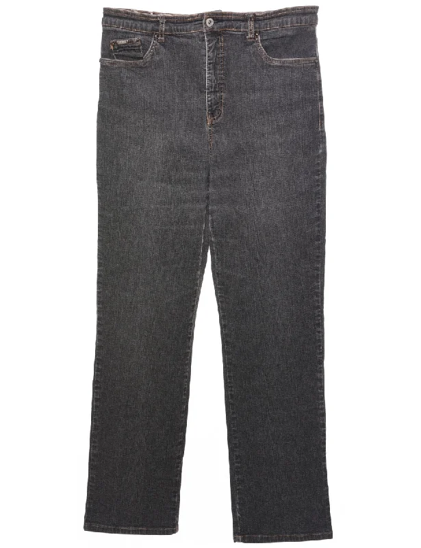Black Straight Fit Jeans - W32 L30 Fashionable Raw Edge Jeans