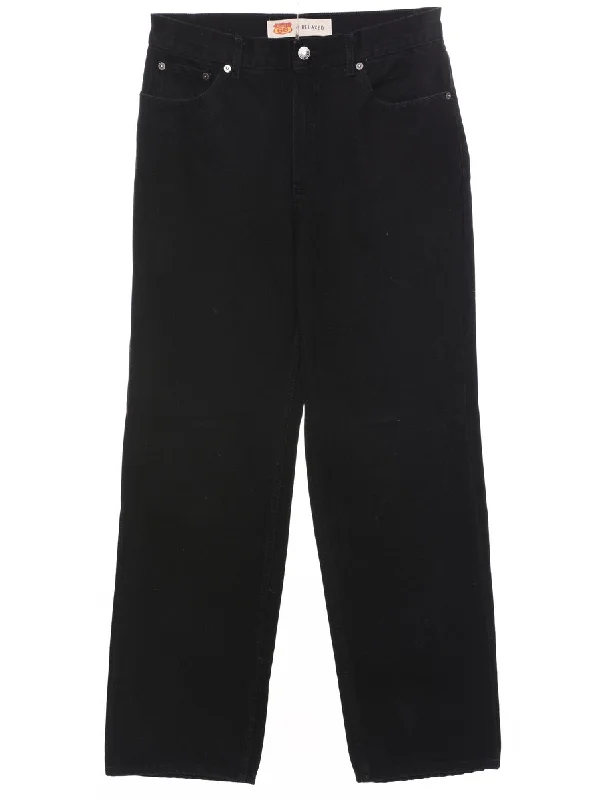 Black Straight Fit Jeans - W32 L32 Comfortable Drawstring Waist Jeans
