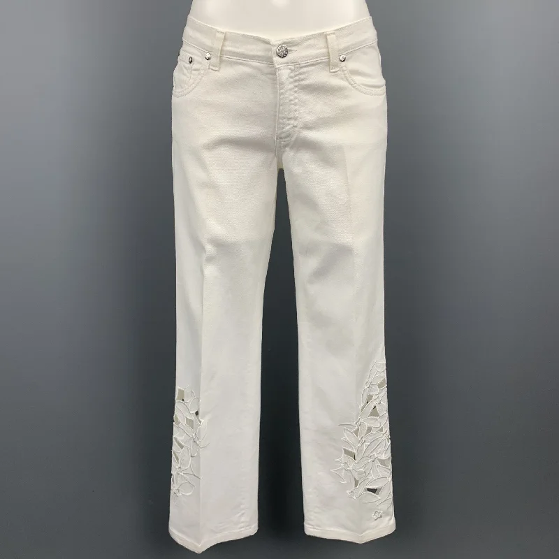 BLUMARINE Size 4 White Denim Embroidered Cut Out Jeans Classic Button Fly Jeans