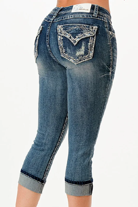 Border Faux Flap Embellished Mid Rise Capri Jeans Classic Black Denim Jeans