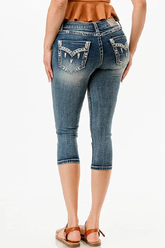 Border Faux Flap Embellishment Mid Rise Capri Jeans Trendy Flared Leg Jeans