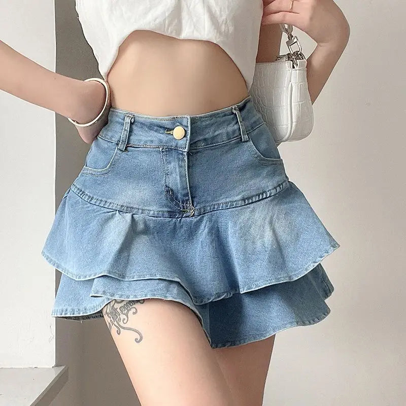 DEEPTOWN Vintage Denim Skirt Shorts Women Summer Korean Fashion High Waist A-line Slim Cute Sexy Mini Jean Ruffle Skirt Female wool skirt breathable