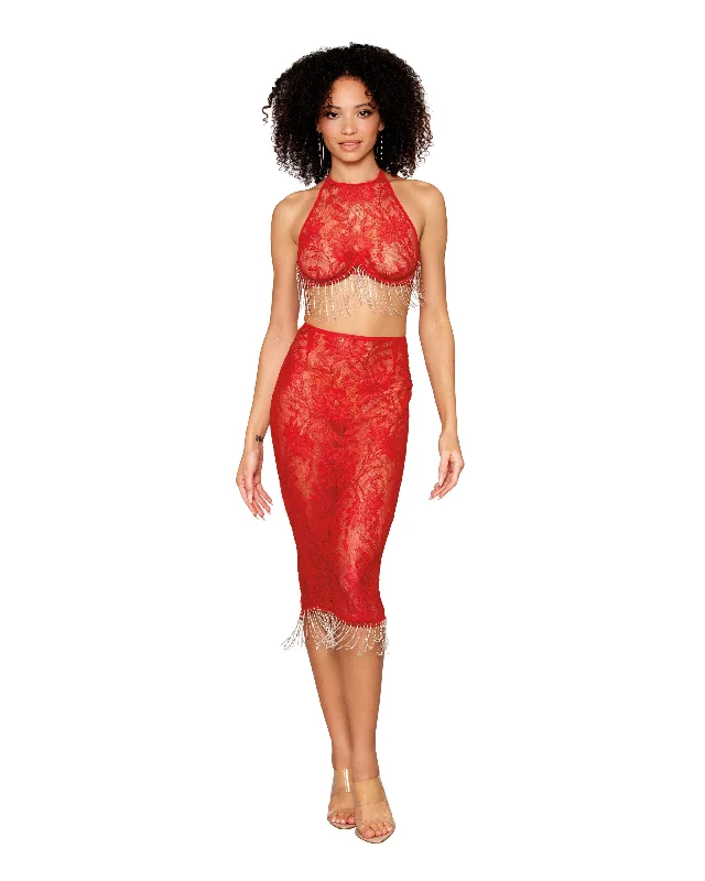 Delicate Corded Lace Bra and Slip Skirt Set with Rhinestone and Ball Chain Fringe Trim wool skirt warm