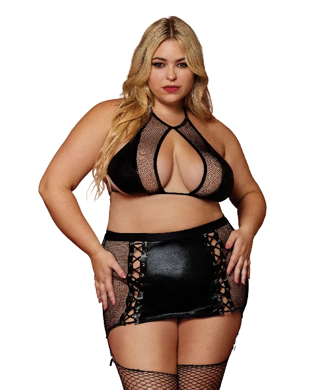 Dreamgirl Fetish Plus Size Faux-Leather and Fishnet Bralette and Garter Skirt Set silk skirt lustrous
