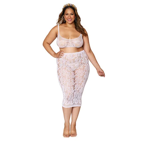 Dreamgirl Lace Fishnet Bralette & Slip Skirt White Queen Size ruffled skirt detail