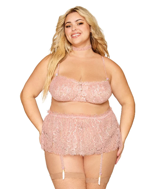 Dreamgirl Plus Size Eyelash Lace Bralette, Garter Skirt, and Choker Set with Satin Rosettes and Fishnet Elastic Trim tiered skirt playful