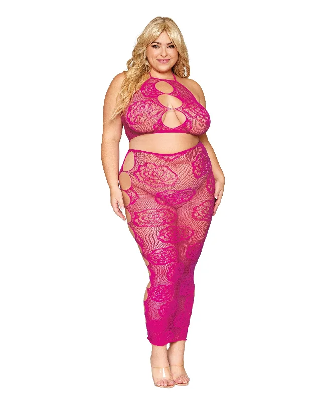 Dreamgirl Plus Size Seamless Bralette and Long Skirt Set with Knitted Large Rose and Fishnet Pattern cashmere skirt rich