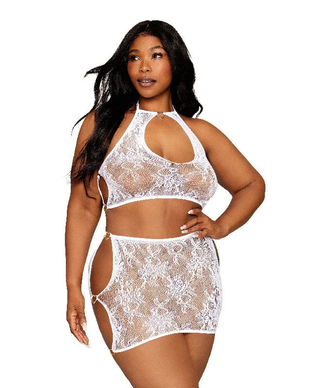 Dreamgirl Plus Size Seamless Lace Bralette and Mini-Skirt Set with Gold-Heart Details asymmetrical skirt cut