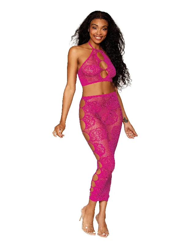 Dreamgirl Seamless Bralette and Long Skirt Set with Knitted Large Rose and Fishnet Pattern corduroy skirt durable