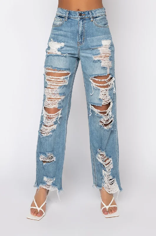 ELLA BELLA HIGH RISE WIDE LEG DISTRESSED JEANS Stylish Paperbag Waist Denim