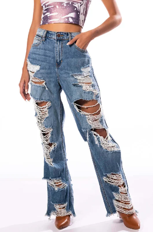 ELLA BELLA HIGH RISE WIDE LEG DISTRESSED JEANS Fashionable Straight Fit Denim