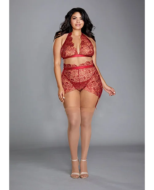 Floral Embroidery Halter Bralette, High Wasted Garter Skirt & G-string Garnet linen skirt natural