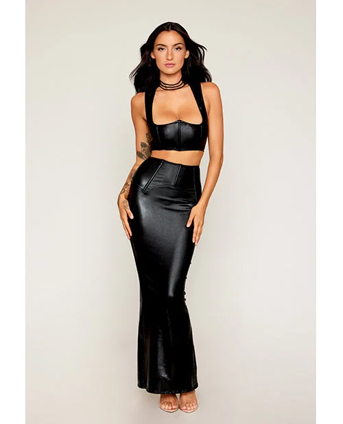 Stretch Faux Leather Harness Bra & Long Slip Skirt - Black velvet skirt luxurious