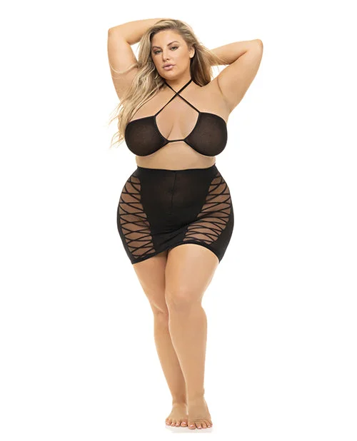 Pink Lipstick Hold On Tight Halter Bra & Skirt Black a-line skirt cut