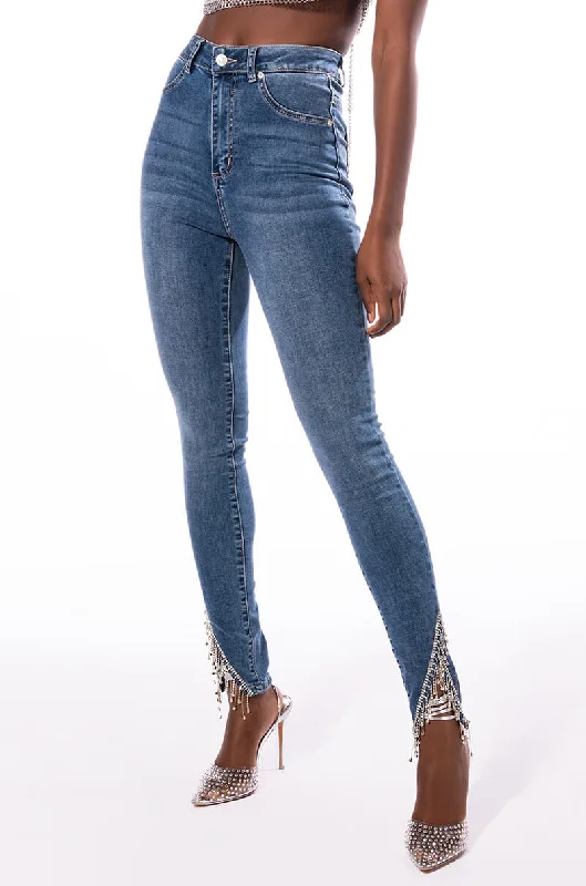 EXTREME STRETCH HIGH RISE SKINNY JEANS RHINESTONE Fashionable Relaxed Fit Denim