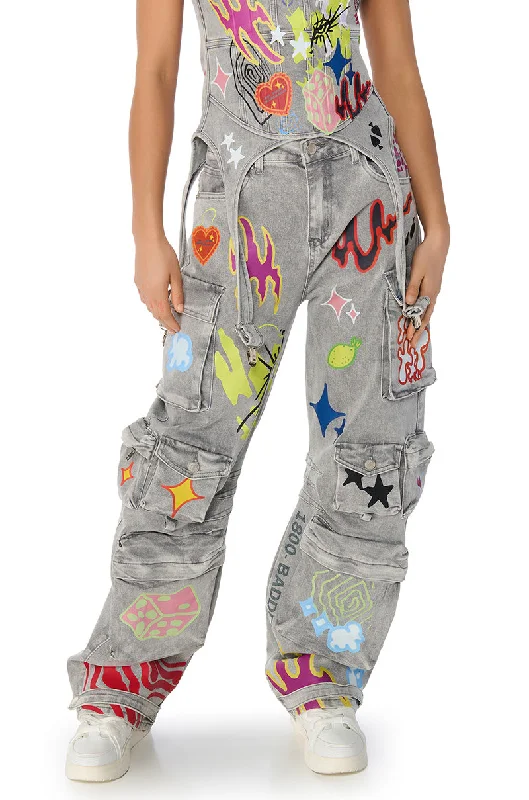 GRAFFITI DETAIL RELAXED LEG CARGO JEANS Stylish High-Waist Skinny Denim