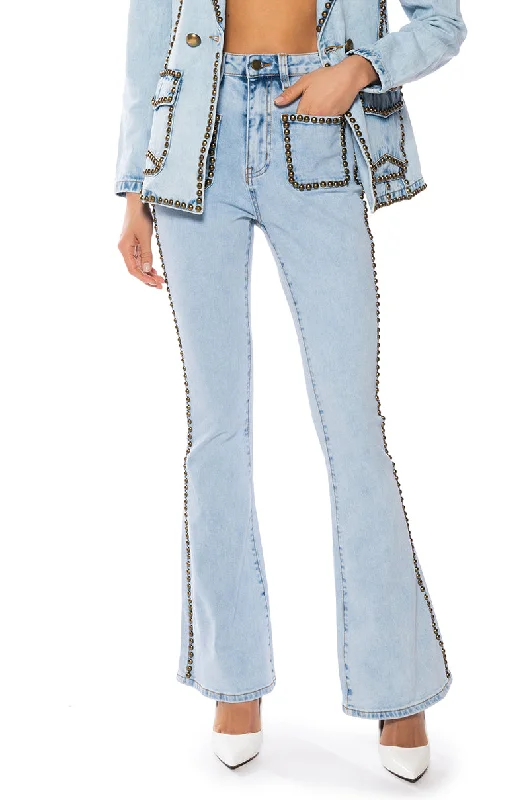 HERE TO STAND OUT EMBELLISHED HIGH RISE FLARE JEANS Cozy Relaxed Fit Denim Jeans