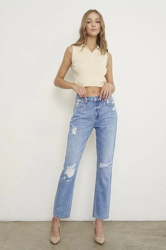 HIGH RISE DISTRESSED GIRLFRIEND JEANS Cozy Relaxed Fit Denim Jeans