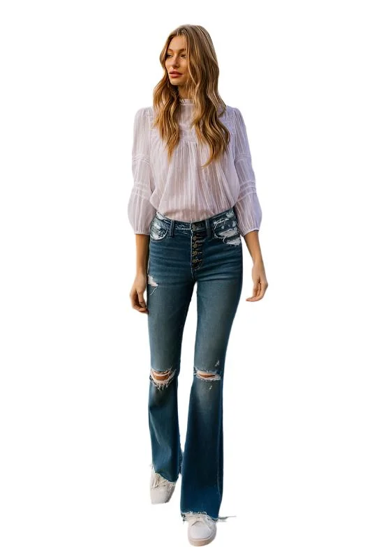 High Rise Distressed Raw Hem Flare Jeans by Flying Monkey Trendy Skinny High-Waist Jeans