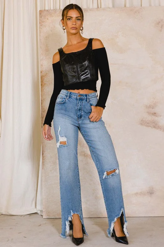 High Rise Distressed Wide Jeans Trendy Wide-Legged High-Waist Jeans