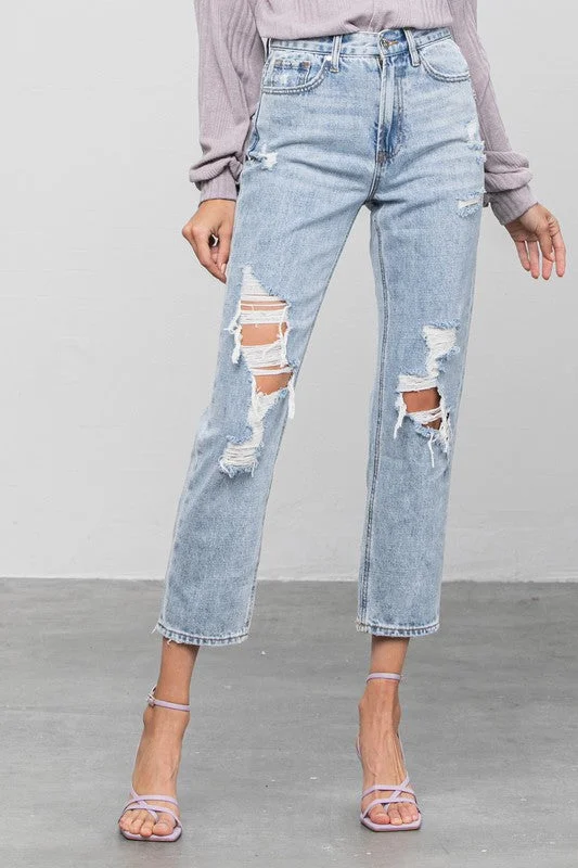 High Rise Ripped Girlfriend Jeans Classic Slim Fit Jeans