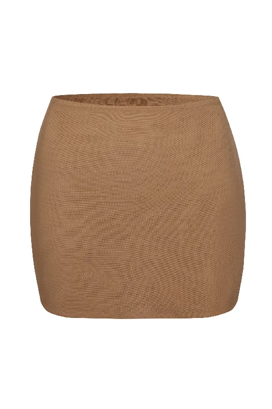 Soft Mesh Low-Rise Micro Mini Slip Skirt in Almond tiered skirt playful