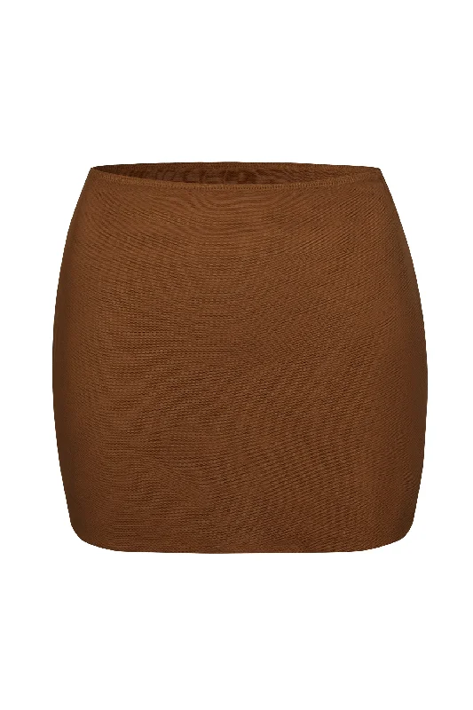 Soft Mesh Low-Rise Micro Mini Slip Skirt in Chestnut belted skirt waist