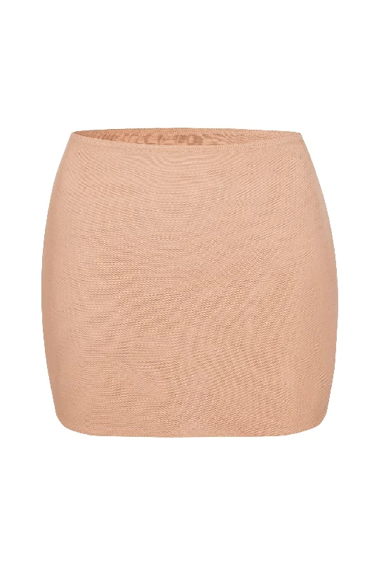 Soft Mesh Low-Rise Micro Mini Slip Skirt in Warm Peach asymmetrical skirt cut