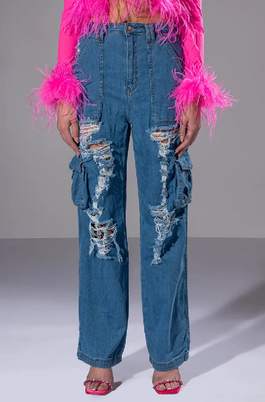 IVY DISTRESSED CARGO HIGH WAISTED JEANS Stylish Tapered Fit Jeans