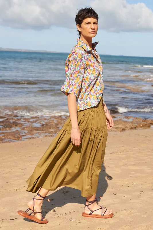 Khaki Poplin Tiered Skirt elastic waist skirt