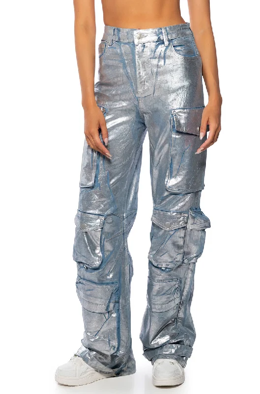LA ISLA METALLIC CARGO JEANS Comfortable Zip-Fly Denim Jeans