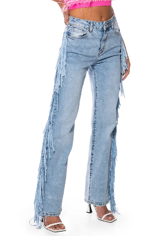 LET LOOSE FRINGE SIDE JEANS Comfortable Low-Rise Jeans