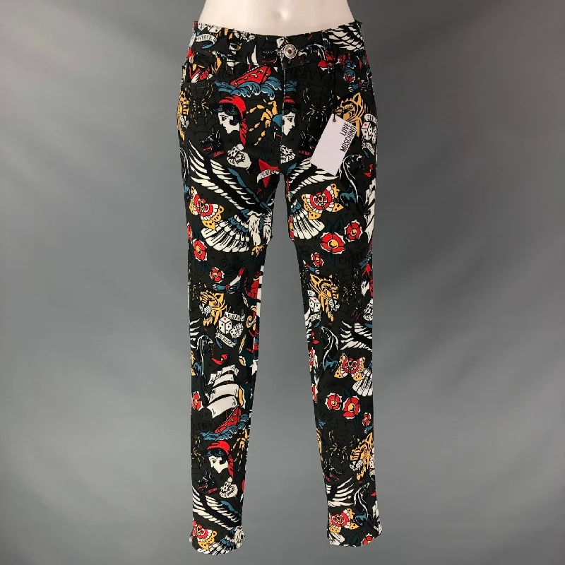 LOVE MOSCHINO Size 4 Black Multicolour Cotton &  Elastane Cartoon Jeans Trendy Paperbag Waist Jeans