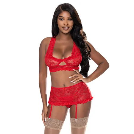 Magic Silk Ooh La Lace Bralette, Garter Skirt & G-String Set Red S/M pleated skirt texture
