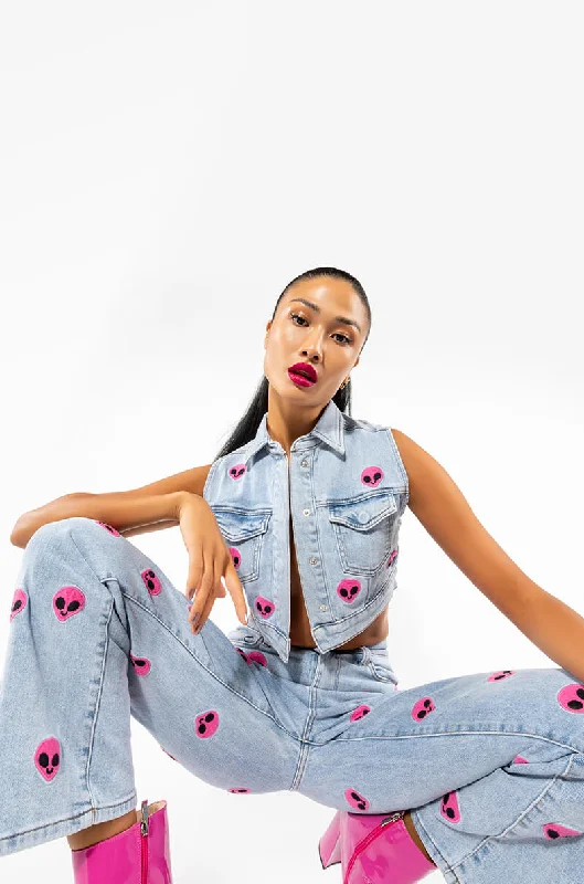 NEBULA PATCHED HIGH WAISTED WIDE LEG JEANS Elegant Bootcut Fit Jeans