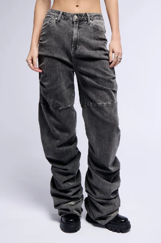 NEVER CHANGE RUCHED RELAXED FIT JEANS IN GRAY Comfortable Zip-Up Skinny Jeans