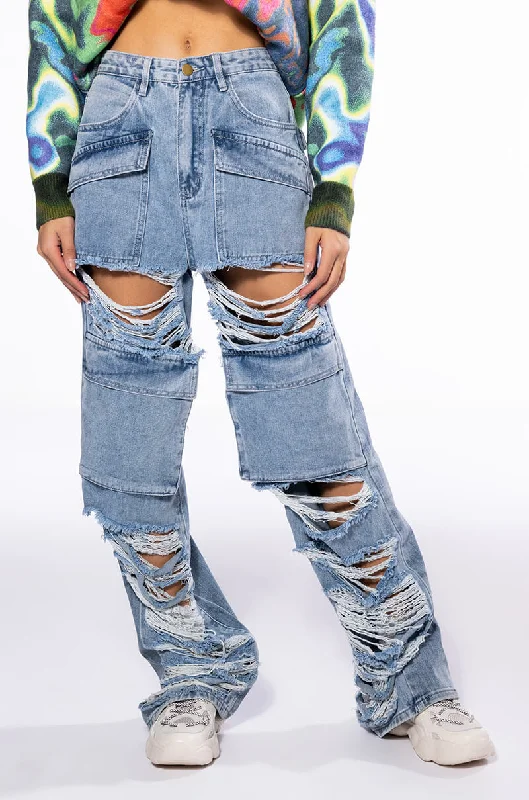 NEVER STRESSED DISTRESSED RELAXED FIT JEANS Comfortable Folded Hem Jeans