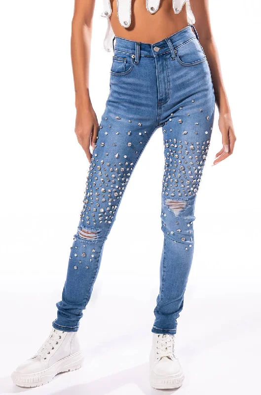 OUTTA THIS WORLD DISTRESSED RHINESTONE HIGH RISE SKINNY JEANS Fashionable Button-Front Jeans