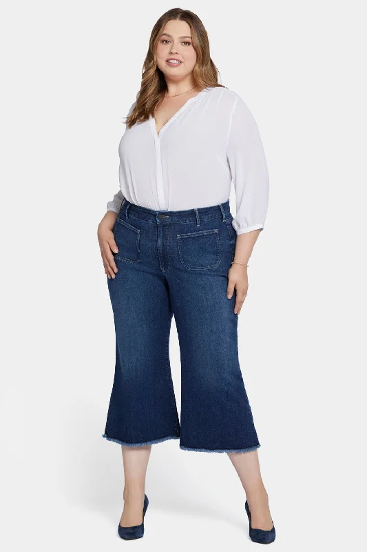 Patchie Wide Leg Capri Jeans In Plus Size - Fanciful Chic Rolled Cuff Denim Jeans