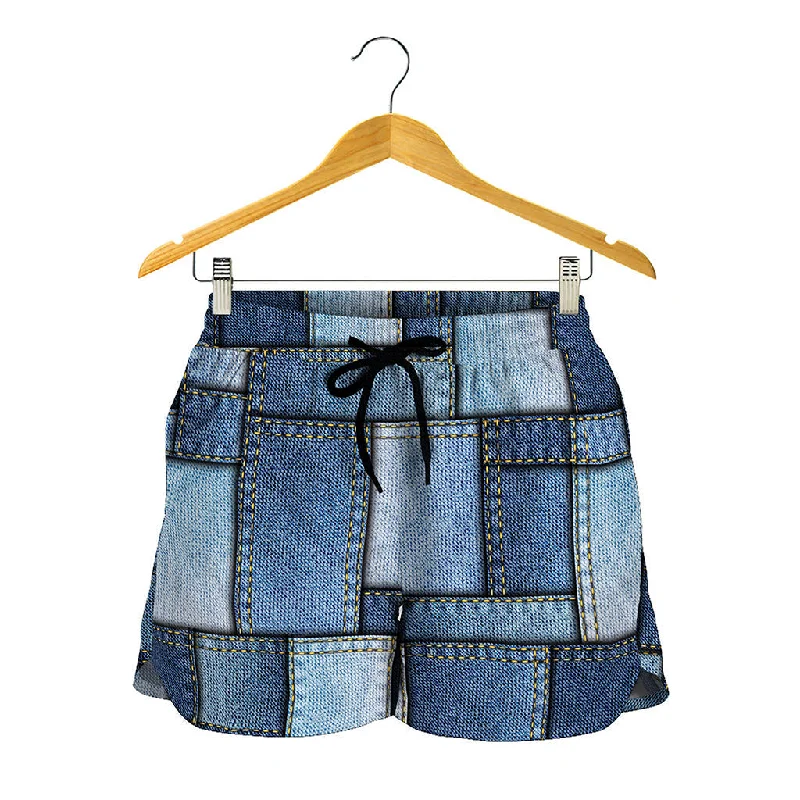 Patchwork Denim Jeans Pattern Print Women's Shorts Trendy Plus Size Jeans