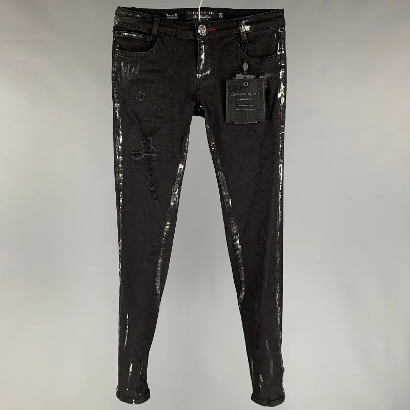 PHILIPP PLEIN Size 2 Black & Silver Cotton Paint Splattered Super Slim Fit The Glory Jeans Chic Double Waistband Jeans