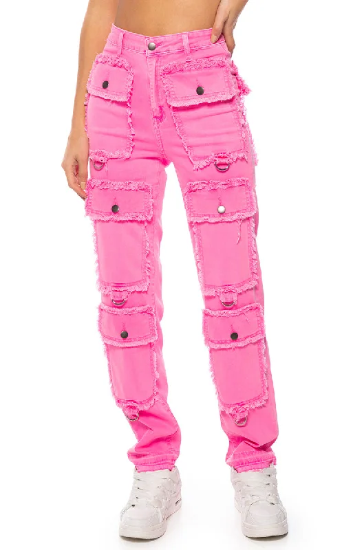 POCKET FULL OF SUNSHINE CARGO JEANS IN HOT PINK Comfortable Mid-Rise Jeans