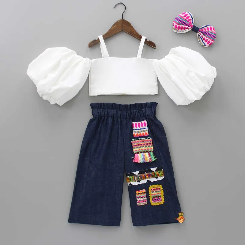 Pre Order: Off-Shoulder Top And Wide Jeans With Head Band Trendy Low-Rise Slim Jeans