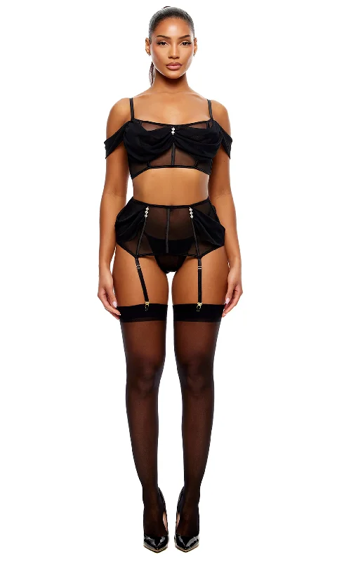 Princess Treatment Draped Mesh Bra and Garter Skirt Lingerie Set - Black a-line skirt cut