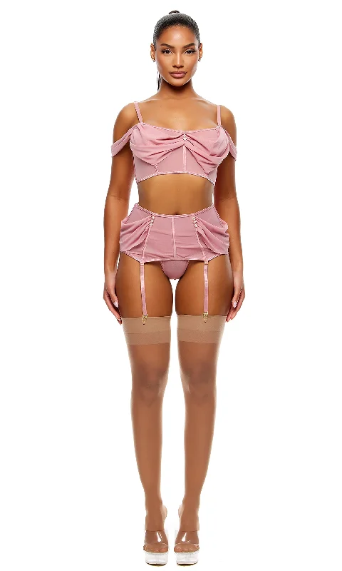 Princess Treatment Draped Mesh Bra and Garter Skirt Lingerie Set - Mauve pencil skirt chic